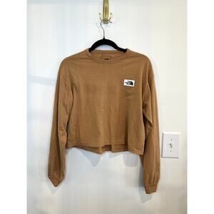The North Face Cropped Long Sleeve Tee Tan Minimal Logo Top Size M